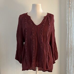 *Like New* Women's Burgundy Boho Peasant Top Poet Blouse | Size XL